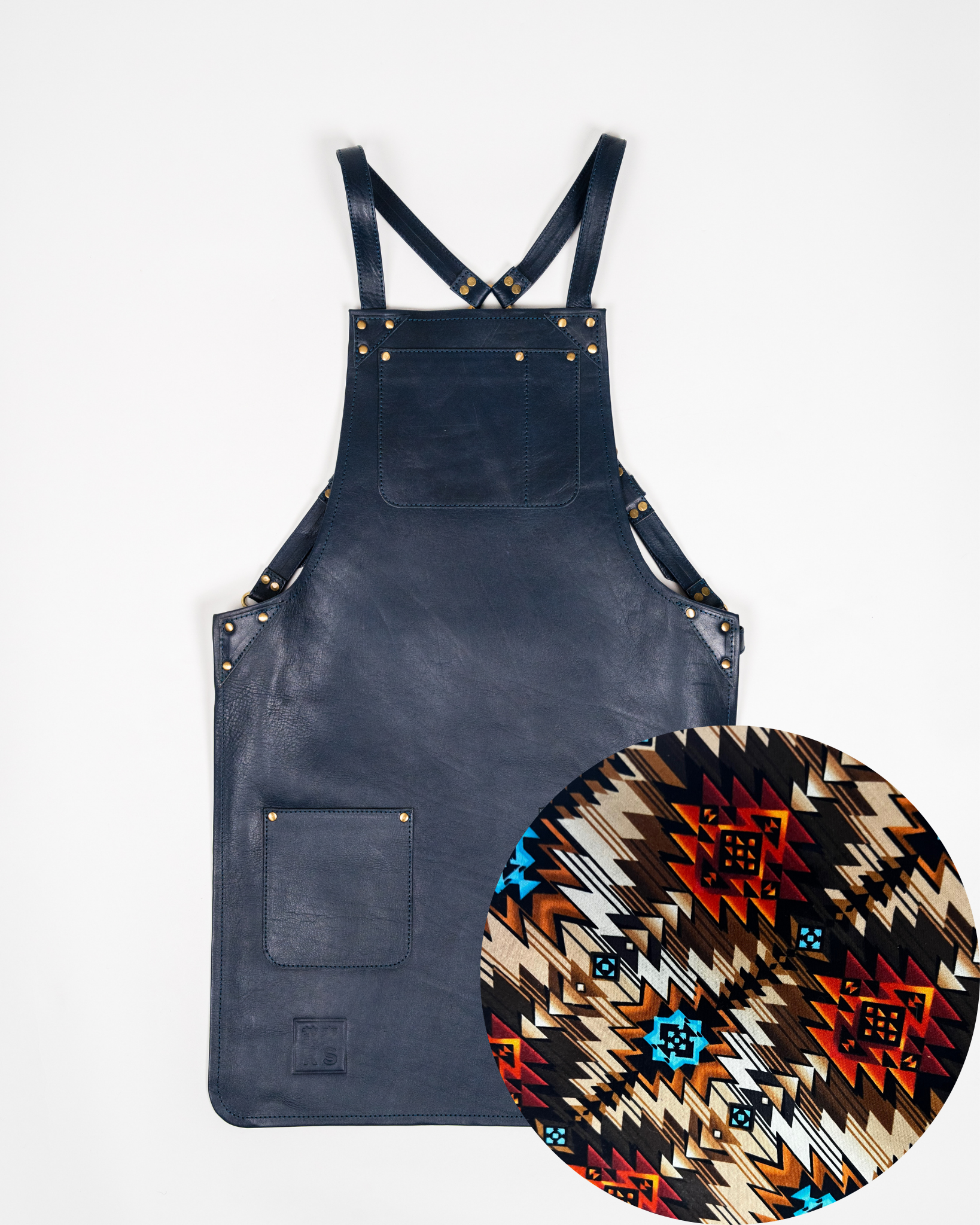 Navy Leather Apron - Brown Aztec