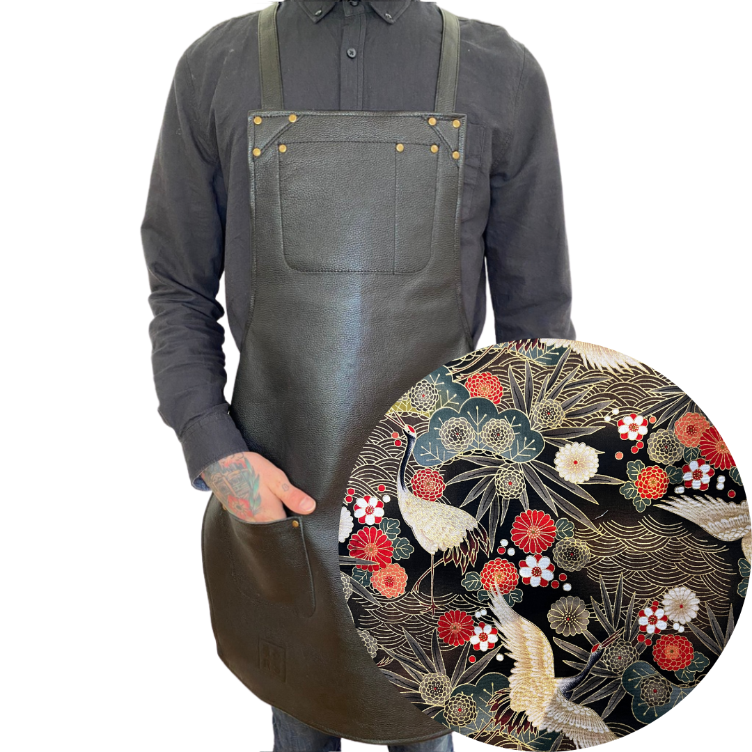 Black Leather Apron - Brown Japanese Cranes | RaySteels Leather Aprons