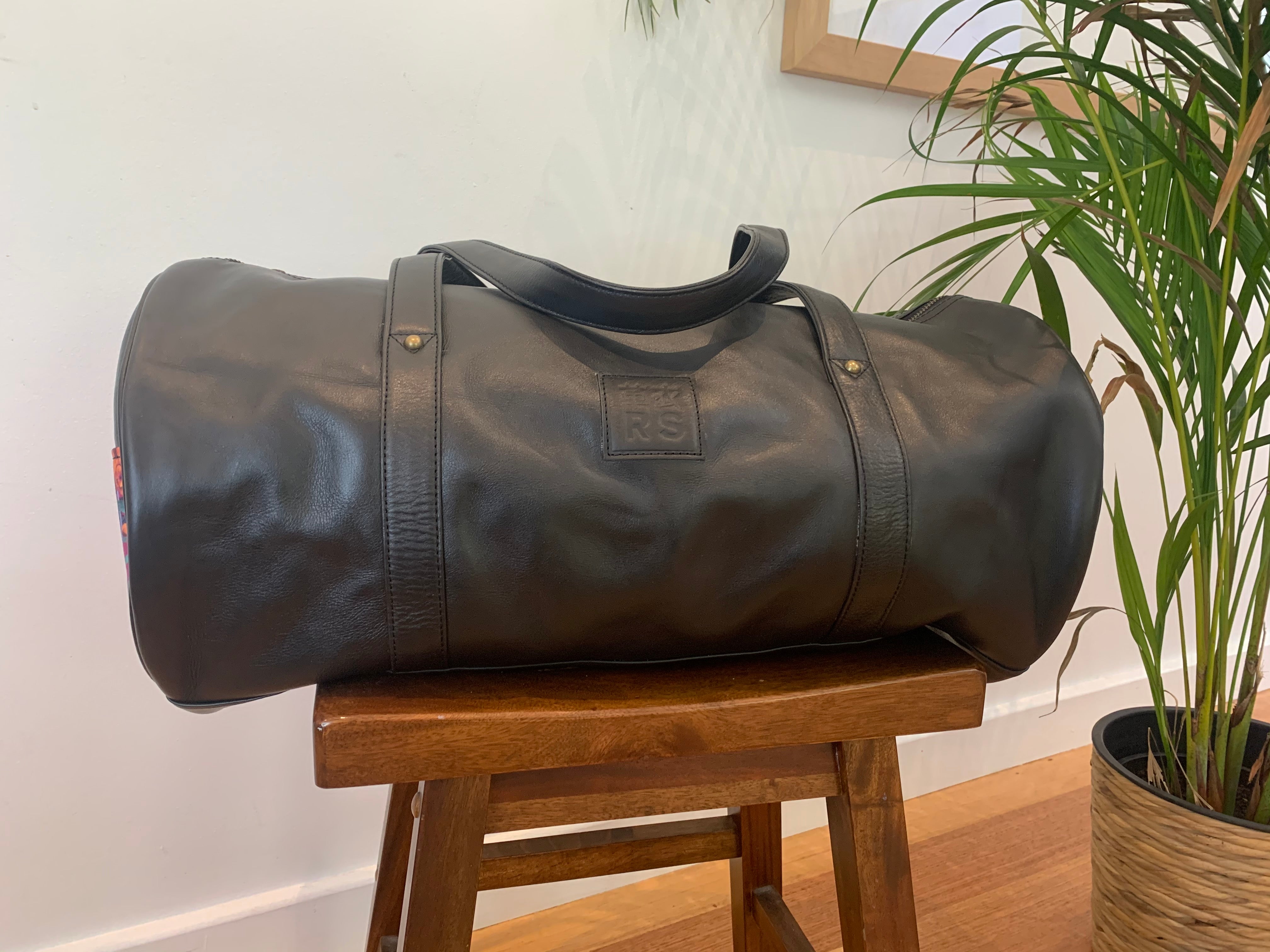Barrel Bag - Black Leather x Monsoon Print | Ray Steels Leather Aprons